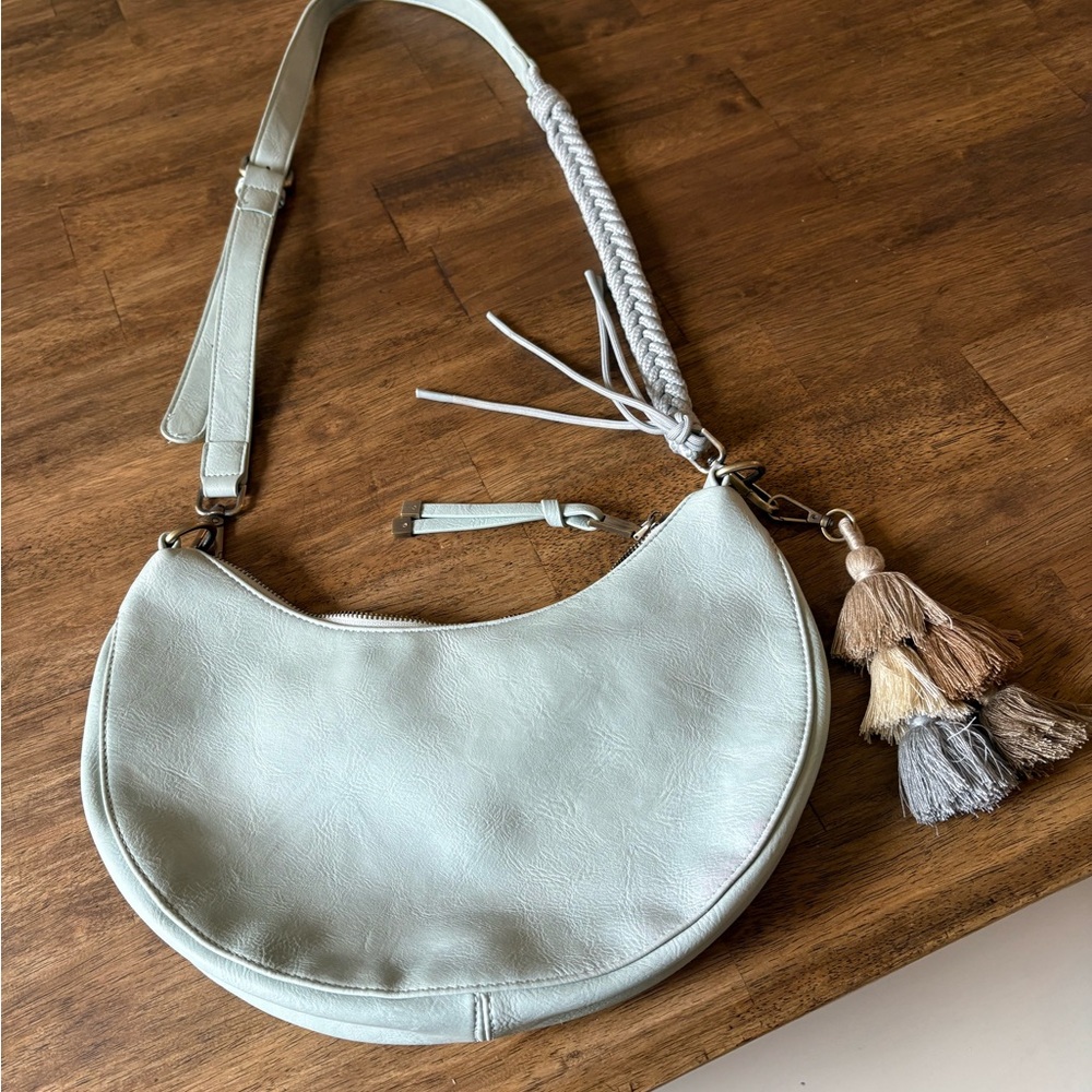 Anthropologie Light Green Shoulder Bag with Tassel and Gold Hardware